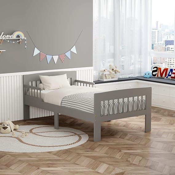WestWood Wooden Junior Toddler Bed Frame Only, Montessori Floor Bed for Kids, Single Bed with Safety Bed Rail Guard, Boys Girls Children Bed, Grey