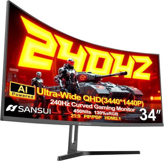 SANSUI 34 Inch Curved Monitor 240Hz UWQHD 34401440 Gaming Monitor | 21:9 2K Curved1500R,HDR400,Fast VA, PIP/PBP,AI Crosshair,AIPQ(Visual Enhance),MPRT 1ms,HDMI2.1*2,DP1.4*2(HDMI Cable Included)