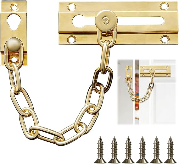 Golden Door Chain Lock, Heavy Duty Safety Chain Lock,Internal Door Restrictor, Security Latch Chain Lock Sliding Bolt, Door Chains for Front Door, Home, Hotel, Bedroom