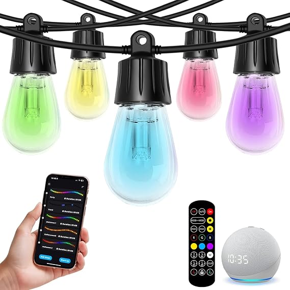 Upgrade 50ft String Lights for Outside, Smart RGBW IC Patio Lights Outdoor Waterproof with Remote & App Control, Compatible with Alexa Great for Porch, Yard, Pergola
