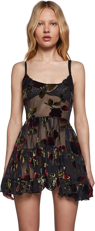 Dolls Kill Befallen Romance Mini Dress by Widow Sheer Mesh Mini Dress with Velvet Rose Detail & Lace-Up Back