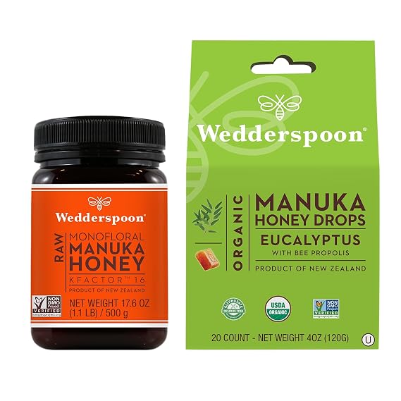Wedderspoon Raw Premium Manuka Honey KFactor 16+, Unpasteurized, Genuine New Zealand Honey, Eucalyptus + Bee Propolis, Unpasteurized, Genuine New Zealand Honey, Perfect Remedy For Dry Throat
