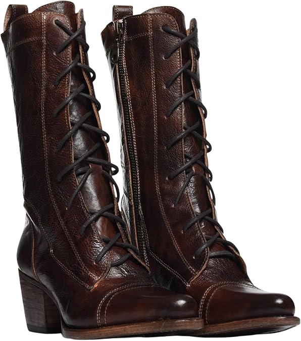 Victorian Boots for Women Halloween Vintage Mid Calf Boots Lace Up Kitten Heel Almond Toe Chunky Block Side Zipper Retro 70s Leather Dressy Winter Party Casual Gothic Costume Witch Shoes