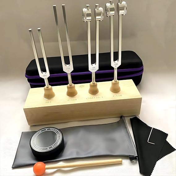 MIMIRACLE Resonance Tuning Forks for Healing Set with Wooden Resonator Box | 128Hz, 136.1Hz, 256Hz, 384Hz, Aluminum Alloy, Weighted & Unweighted Forks