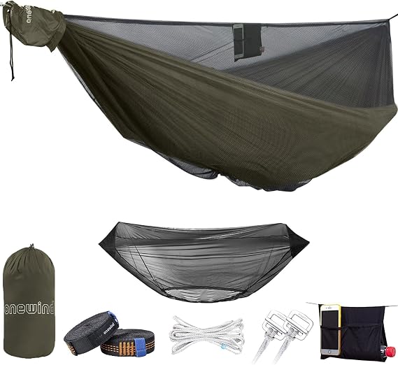 onewind 11ft Camping Double Hammock with Mosquito Net, Ridgeline and Straps | 70D Hexagon Ripstop Nylon, No-see-ums Bugnet, 68'' Single Wide Panel, Portable 2 Person Hammock for Hiking Backpacking
