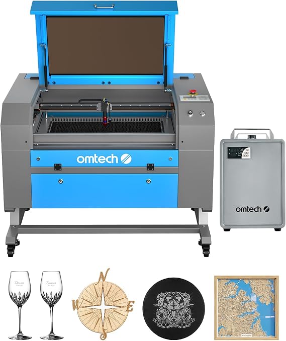 OMTech Maker 60W CO2 Laser Engraver & Cutter with Water Chiller | 28" 20" work area | Up to 600 mm/s | Autolift autofocus | 4-way pass-through | Cuts & engraves wood, acrylic & more