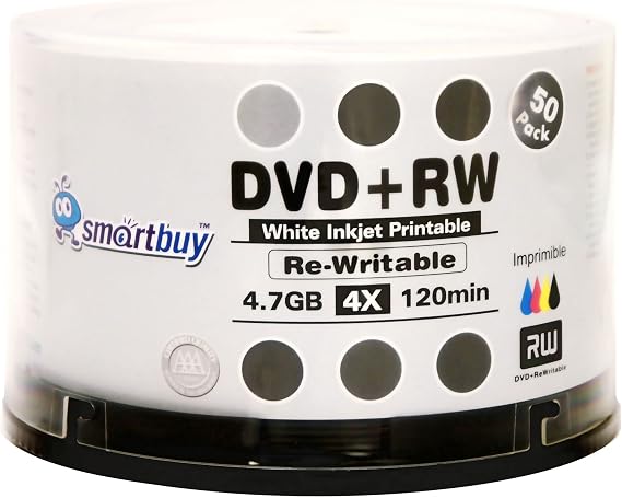100 Smartbuy DVD+RW 4X 4.7GB White Inkjet Printable Blank Rewritable Disc | Reusable DVD, Rewritten up to 1,000 times, Hold Roughly 120 mins of Data, Full White Surface for Inkjet Printer, Spindle
