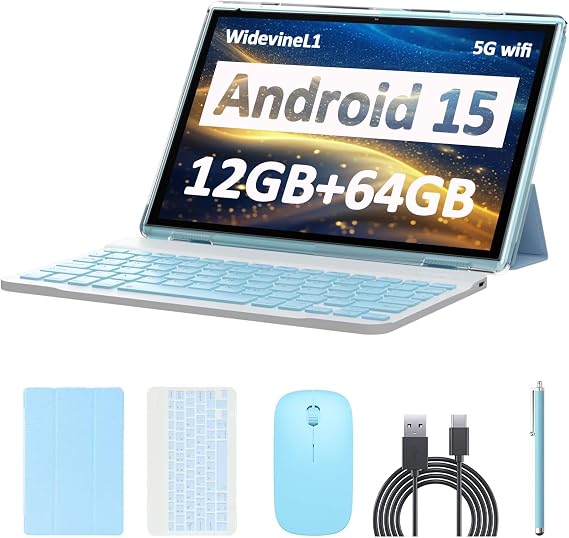Android 15 Tablet, 10 inch 12GB RAM+64GB ROM/1TB (Max), 2 in 1 Tablets with Keyboard Case Mouse Stylus, 1.8GHz Quad-core Processor, 1280*800 IPS HD Touch Screen, 8MP Camera, 5G Wi-Fi 6 BT 5.0 Tablet