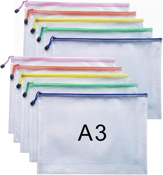 10Pack A3 Zip Wallets Plastic Wallet Extra Thick Version A3 Document Folder Zipper Bags Large Ziplock Bag Mesh Zip Bag for School Office Travel Storage (A3-10Pcs)