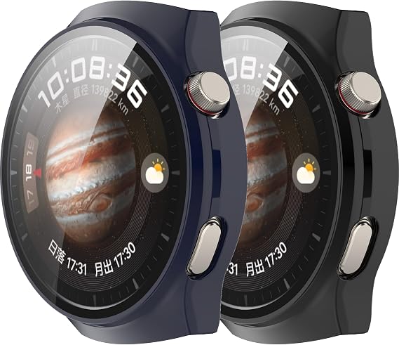 Intended for Huawei Watch 4 Pro(Space Edition) Case Screen Protector Hard PC Bumper All-Around Protective Cover for Huawei Watch 4 Pro (Black&NavyBlue)