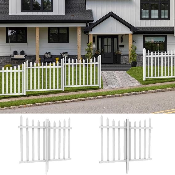 White Vinyl Picket Fence 36" H 84" W for Concrete Ground Garden Decorative Temporary Scallop Top Style Fence Panel with 20 Pickets for Patio, Backyard, Dogs, Animal Barrier, Pools(1 Pack)