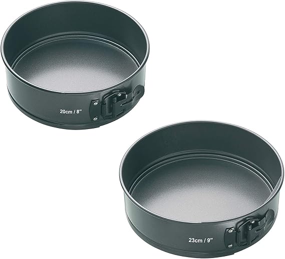 MasterClass KCMCHBSET3 23 and 20 cm Springform Cake Tin Set of 2, Robust 1 mm Carbon Steel with PFOA Non Stick, Includes 2 Loose Bottom Pans, Grey