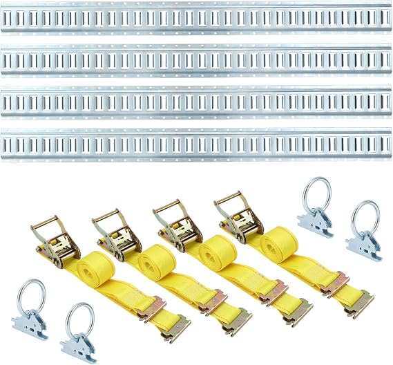 12PCS 5FT E-Track Tie-Down Rail Kit – 4-Pack with Steel Rails, O-Rings & D-Rings, ETrack Bar Rails for Secure Cargo Management in Trailers & Truck Beds