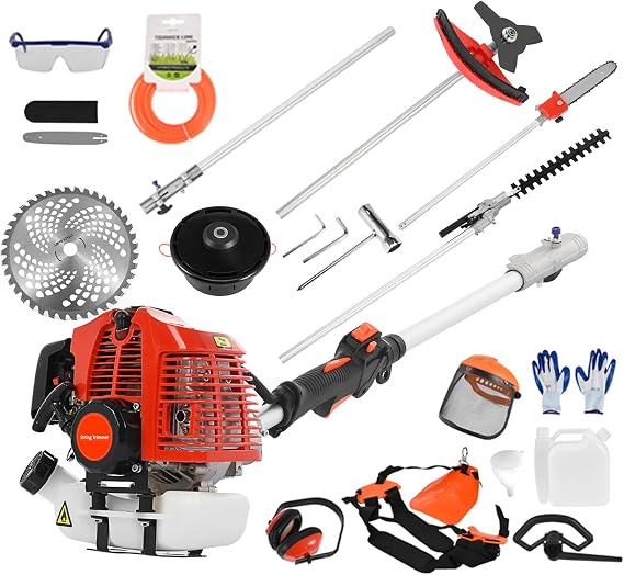 52cc 5-in-1 2 Cycle Gas Hedge Trimmer,String Trimmer, Weed Eater, Pole Chainsaw with Extension Pole,Brush Cutter, Powerful Multi Functional Trimming Tools for Home Yard Garden (Red)