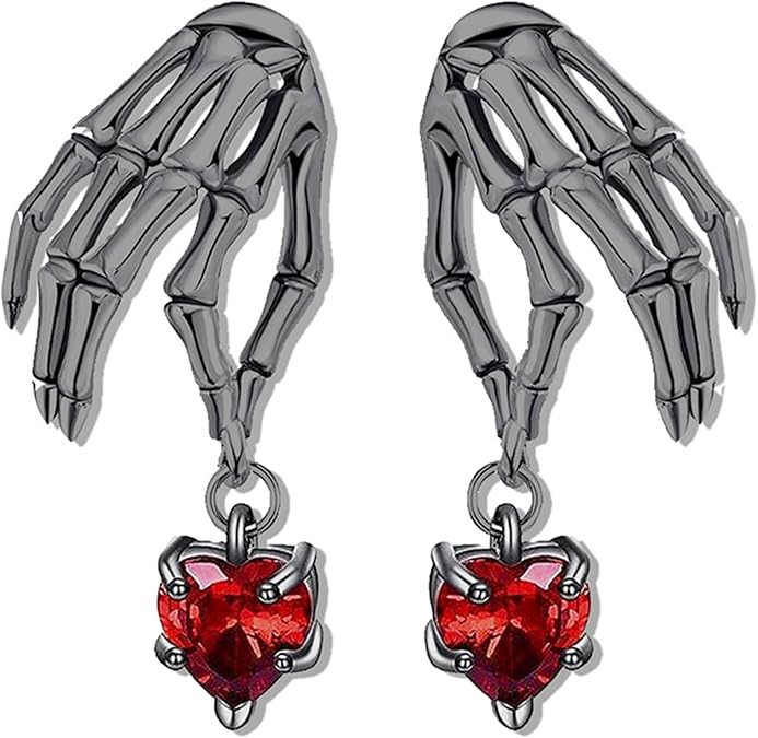 MALOYANVE Skeleton Earrings Goth Gothic 925 Sterling Silver Black Hollowed Skull Hand with Crystal Stud Earrings Halloween Jewelry for Women Men