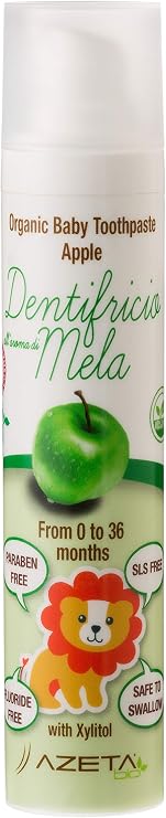 Apple Flavoured Children’s Toothpaste Organic Vegan 0 to 36 Months, SLS, Fluoride and Paraben Free, Azeta Bio 50ml (Apple)