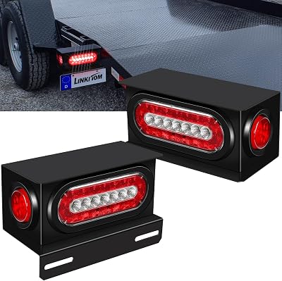 LINKITOM 2 PCS Trailer Lights Welded Mount Steel Boxes Kit wLicense Plate Bracket 6 inch RedWhite LED Oval Tail & Red Round Side wGrommet Plugs KW8055-Z001