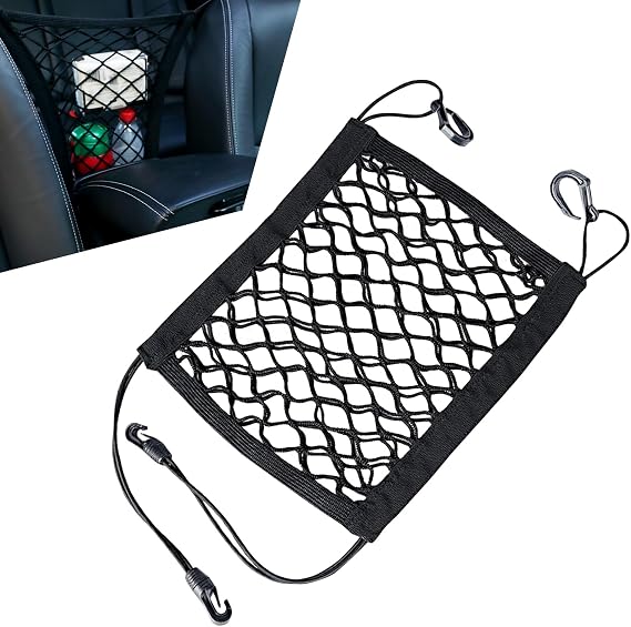 Pack-1 Car Pet Isolation Net Between Front Seats, 11.4" x 10.2" Double Layer Design Storage Net for Sundries Water Cups, Dog Anti-Collision Protection Barrier, Universal for Cars (Black)