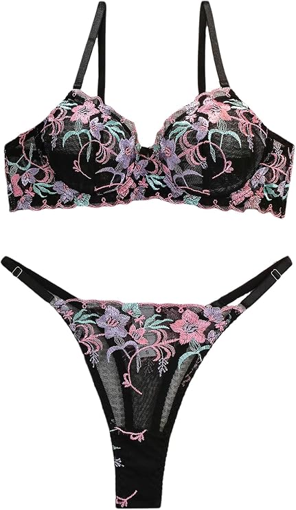 Sexy V-Neck Lingerie For Women Underwire Lingerie Set Sheer Push Up Foral Embroidery 3/4 Cup Bra And Panty Set