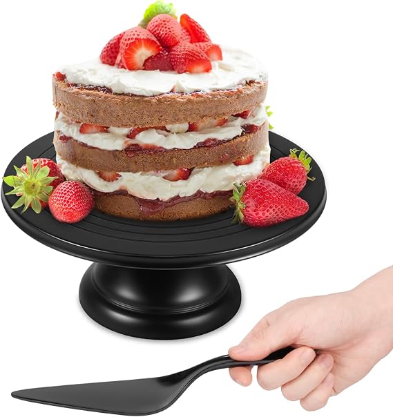 12 Inch Cake Stand, Bamboo Fiber Round Dessert Display Tray with Cake Spatula, Baking Supplies for Cakes Making, Afternoon Tea Table Snack Pan for Party Baby Shower Wedding Birthday(Black)