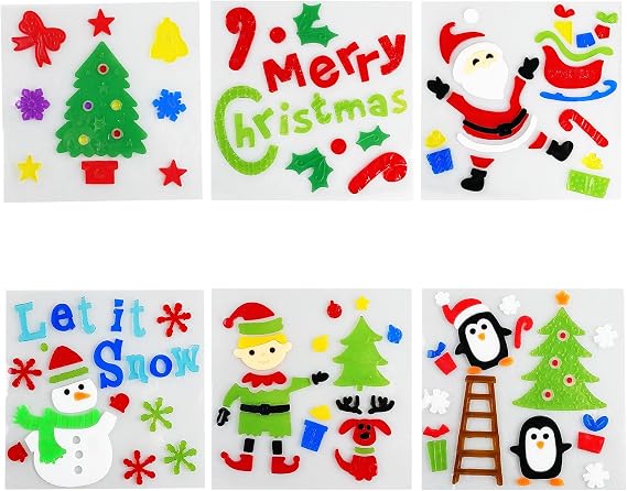 6 Pack Christmas Window Gel Clings, Festive Merry Christmas Stickers, Reusable Gel Clings for Glass Windows, Snowflakes, Trees, Santa & More (Christmas Elf)