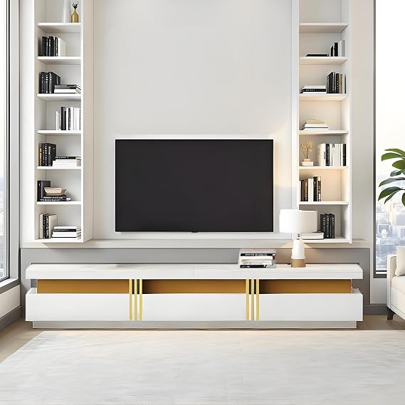 White TV Unit for 89 inch TV, TV Stand with Faux Marble Top, 200cm TV Cabinet with Golden Panel Design and 3 Drawers