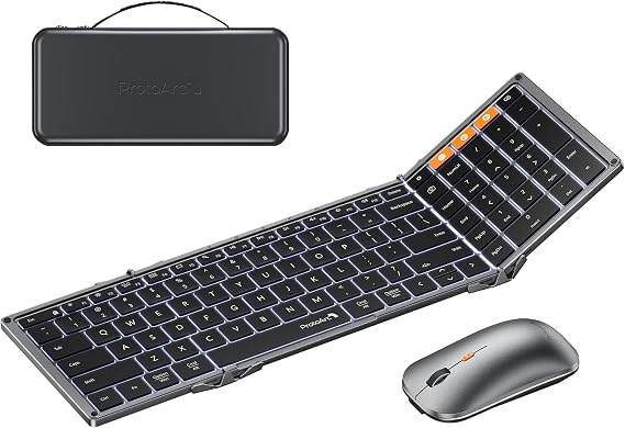 ProtoArc XKM01 Pro Backlit Foldable Keyboard and Mouse, Full Size, Gray | 105 Keys, 0.65 in Keycaps,3 Brightness Levels, Multi-device Switching, USB-C Charging, for Travel Business Night Typing