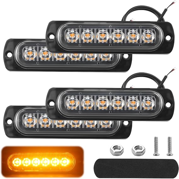 4 PCS Car Strobe Flashing Light Amber 12V-24V 6 LED Safety Emergency Light Bar LED Breakdown Beacon Strobes Hazard Warning Light Waterproof Universal for Car Motorcycle Off-Road Vehicle Truck Boat