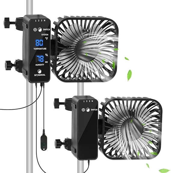 2-Pack 4 Grow Tent Fan With Temperature And Humidity Meter,Automatic Humidity Control,Oscillating Fan For Hydroponic Ventilation Circulation With Clips,Adjustable Speed Quiet Greenhouse