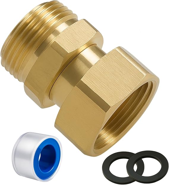 Brass Garden Hose Swivel Connector, 3/4 Inch Male to Female Hosepipe Adapter, 360° Anti-Kink Hose Connector, Leak-Free Design with Washer and PTFE Tape