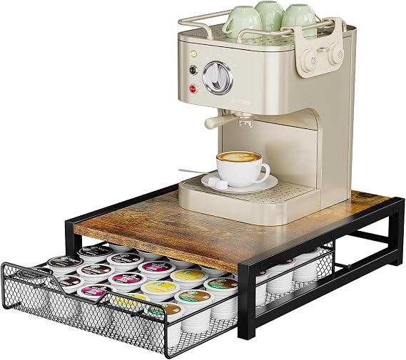 KLM Coffee Pod Holder for Keuring K-Cup,Rustic Brown Counter Storage Organizer with Sliding Drawer,Holds 35 Pods,No Assembly Required.
