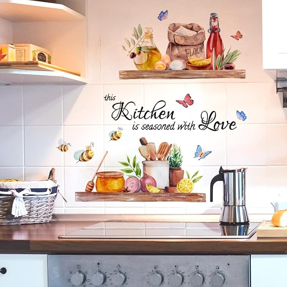 Kitchen Wall Stickers Inspirational Quote This Kitchen is Seasoned with Love Wall Art Decals Food Butterflies Bee Peel and Stick for Dining Room Restaurant