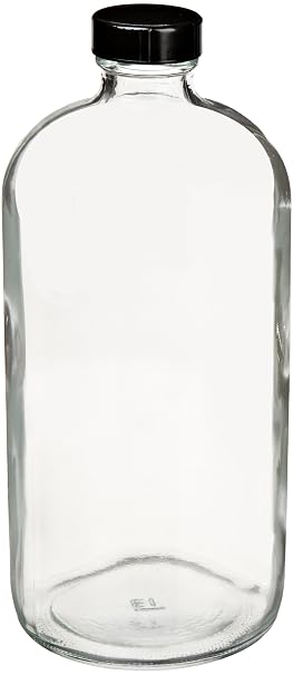 JG Finneran D0149-32 Clear Borosilicate Glass Standard Boston Round Bottle with Black Phenolic Closure, PE Cone Lined, 33-400mm Cap Size, 32oz Capacity (Pack of 12)
