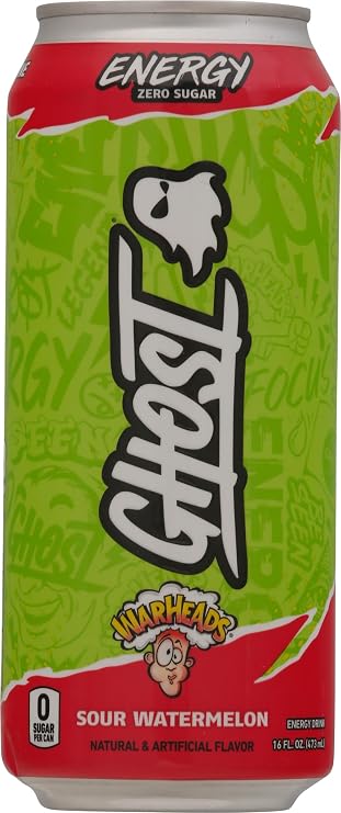 GHOST Energy Drink - Single Can, Warheads Sour Watermelon 16oz - Energy & Focus & No Artificial Colors - 200mg Natural Caffeine, L-Carnitine & Taurine - Gluten-Free & Vegan