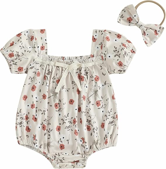 Newborn Baby Girl Summer Clothes Floral Short Sleeve Smocked Bubble Rmper Jumpsuit Bodysuit Boho One Piece Clothes