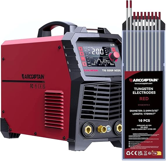 ARCCAPTAIN TIG200PACDC TIG Welder &Tungsten Electrode Red 3/32"x 7"