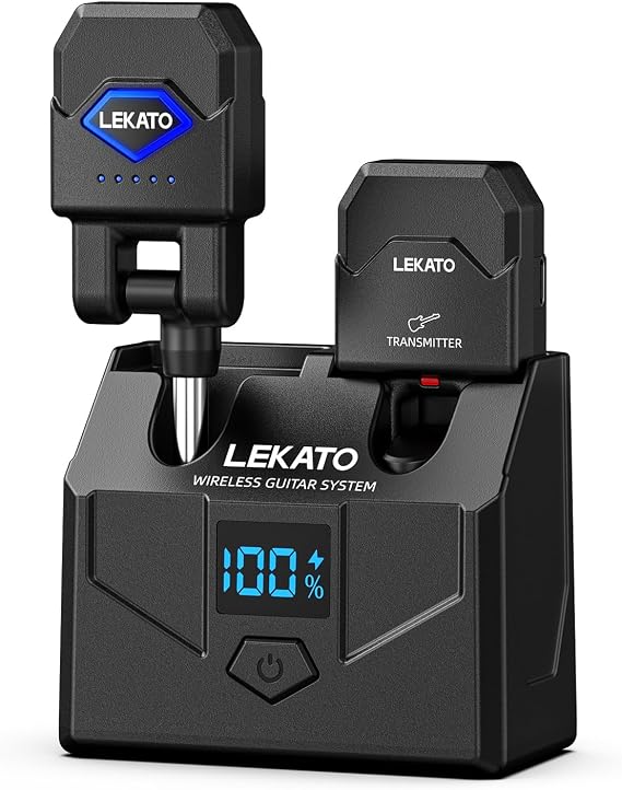 LEKATO 2.4GHz Wireless Guitar System Wireless Transmitter Receiver with Charging Box 4 Audio Channels for Guitar Bass Electric Instruments(WS-200)