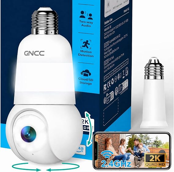 GNCC 2K Light Bulb Security Camera, 360 Outdoor Camera 2.4G WiFi (1-Pack)