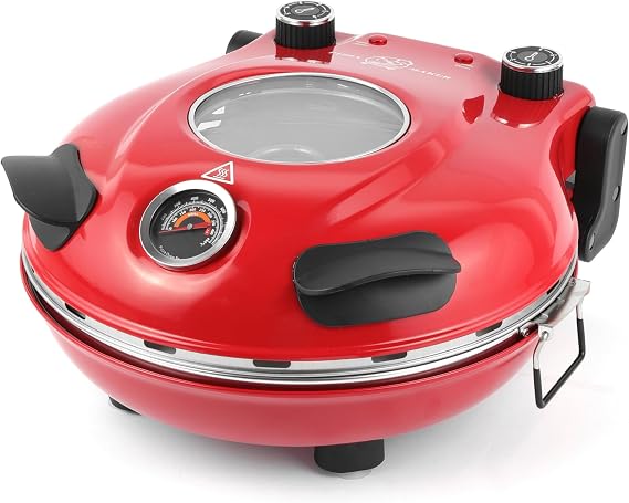 KLAIF Electric Pizza Oven Indoor, LM-Red | With 12" Ceramic Stone, Visible Glass Window, 4-minutes Pizza Maker, 5 Temp Settings, 420°C Max