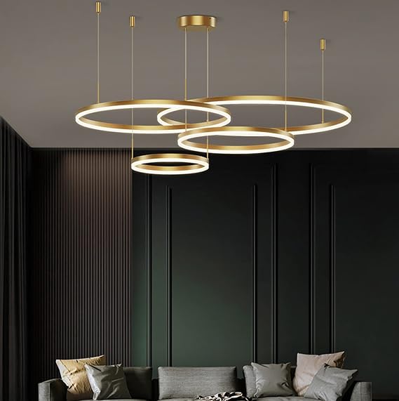 Gold Ring Chandelier, LED Circle Geometric Pendant Light Gold Ceiling Light for Living Room Dining Room Bedroom (20+40+60+80cm Warm White)