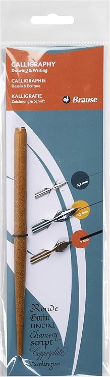 Brause 16003B - Calligraphy pouch including wooden nib holder and 3 metal nibs (Dessin 66B, Sténo and Bandzug 2mm) - calligraphy - drawing - writing tools