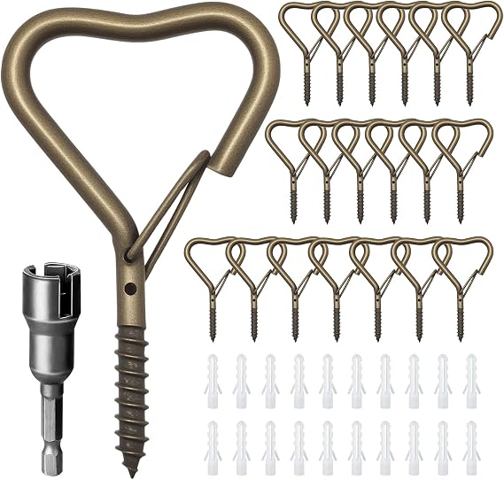 20 PCS Heart Shaped Hooks for Outdoor String Lights,Screw Hooks for Outdoor String Lights, Party Lights, Garage, Bird Feeder, Lanterns,Wind Chimes Bronze | Self-Tapping, Fits wood/drywall/ceiling, for String Lights, Plants, Bird Feeders, Wind Chimes & Outdoor