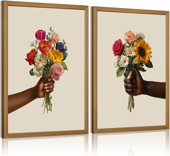 Black Couple Flower Wall Art African American Woman Canvas Wall Decor Black Man People Poster Floral Prints African Men Women Pictures Couple Painting for Bedroom Living Room 12x16 Inch Framed 2Pcs