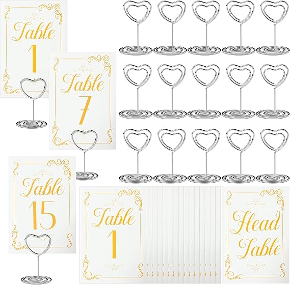 Wedding Table Numbers 1-15,15 Sets Wedding Table Number 1-15 with 15 Pcs Heart Table Number Holders,Table Number Holders,4" x 6" Table Numbers for Wedding Reception and Birthday