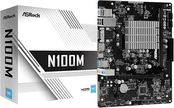 ASRock N100M Micro-ATX Motherboard, Intel Quad-Core N100 Processor (up to 3.4 GHz), DDR4, PCIe 3.0, USB 3.2 Gen2 Type-C, Gigabit LAN