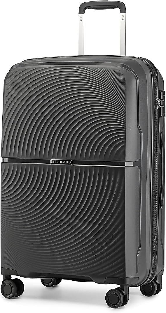 British Traveller Suitcase Hand Luggage Suitcase Lightweight Cabin Suitcase Hard Shell Small Suitcase with 4 Wheels Spinner and TSA Lock(Black, 55cm)