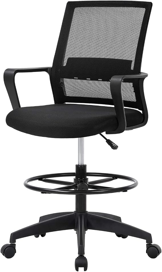 Drafting Chair Tall Office Chair Mesh Ergonomic Mid-Back Desk Chair with Adjustable Foot Ring for Executive Computer Standing Desk, Black