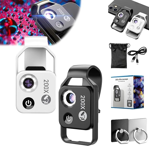 Nanozoom 200x Magnification Zoom, Nanozoom High-Tech Clip-On Lens Turns Any Smartphone Into A Pro-Microscope, Phone Microscope with CPL Lens/LED Light, 200x Pocket Microscope Camera (2pcs)