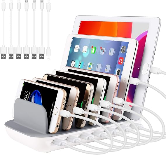 Charging Station for Multiple Devices 60W/12A 7 Ports Desktop Charger Station with 6 Ai USB Ports + 1 Type-c Port with 7pcs USB Cables Compatible for most USB Enabled Electronics (White)