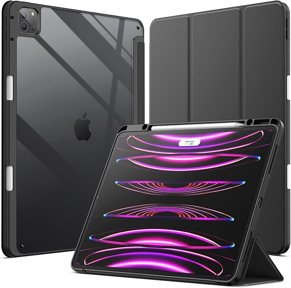 JETech Case for iPad Pro 12.9" 6/5/4/3, Black | Cover for 2022/2021/2020/2018 Model, Clear Back, Pencil Holder, Slim Shockproof, Tri-Fold Stand, Auto Wake/Sleep